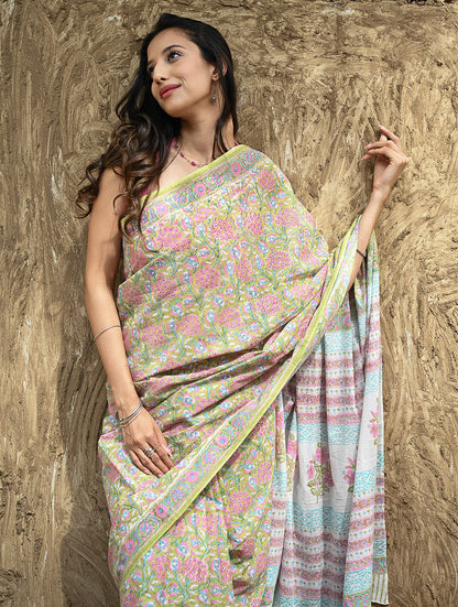 Sanganer Summers : Hand Block Printed Cotton Saree - Sweet Alyssum