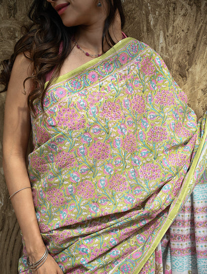 Sanganer Summers : Hand Block Printed Cotton Saree - Sweet Alyssum