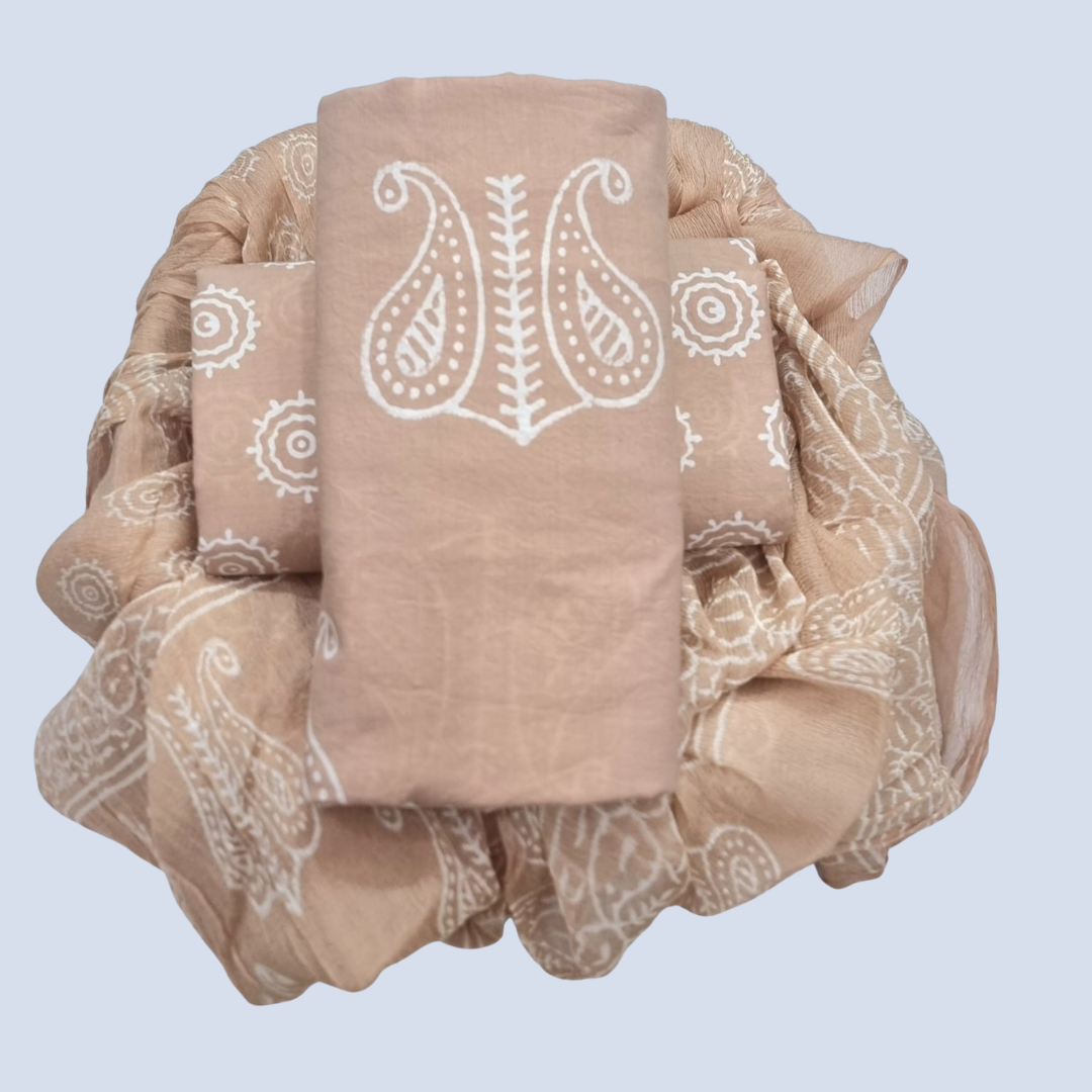 Ethnic Handcrafted Block Print Cotton Suit Set with Chiffon Dupatta