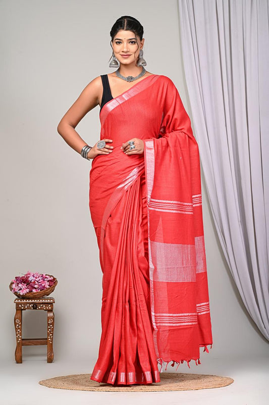 Plain Linen Cotton Saree With Blouse Piece
