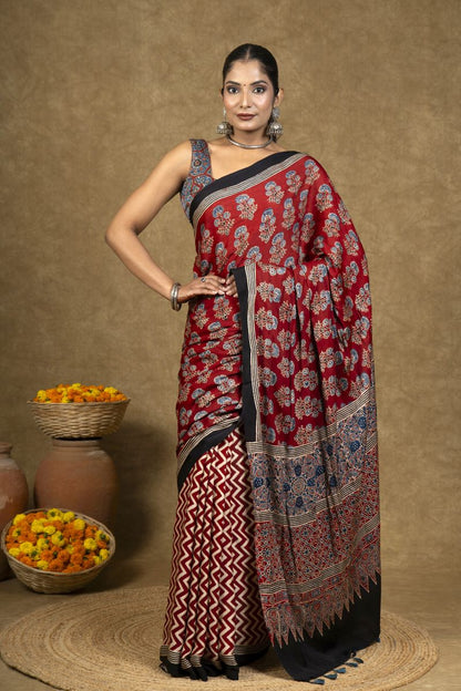 Red Chevron Flora Ajrakh Modal Silk Saree