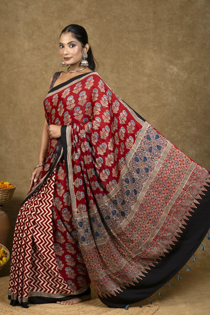 Red Chevron Flora Ajrakh Modal Silk Saree