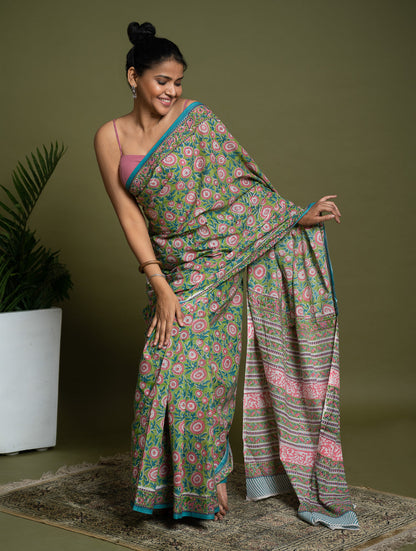 Sanganer Statements. Hand Block Printed Mul Cotton Saree - Green Flora