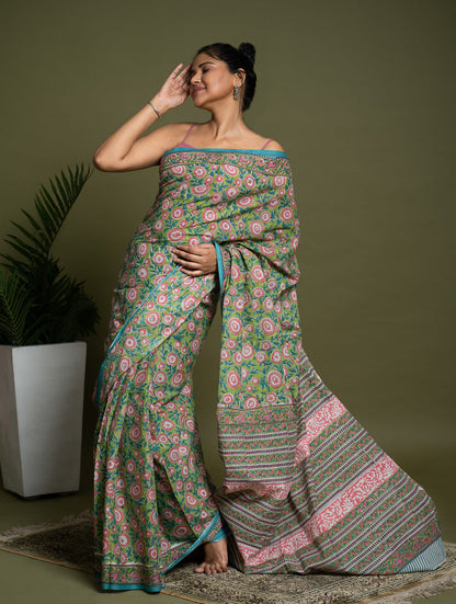 Sanganer Statements. Hand Block Printed Mul Cotton Saree - Green Flora