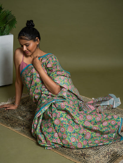 Sanganer Statements. Hand Block Printed Mul Cotton Saree - Green Flora