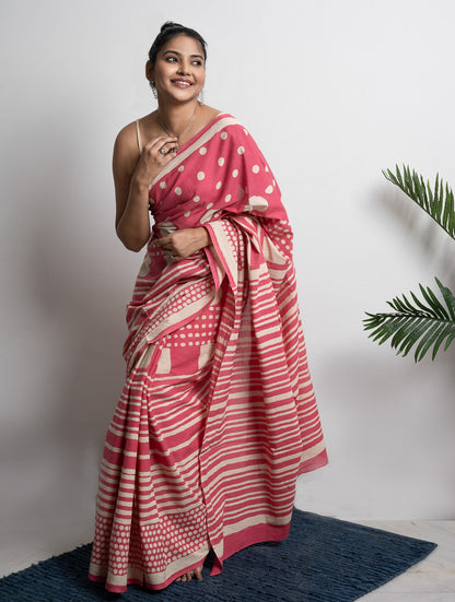 Sanganer Statements. Hand Block Printed Mul Cotton Saree - Pretty Pink