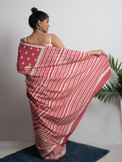 Sanganer Statements. Hand Block Printed Mul Cotton Saree - Pretty Pink