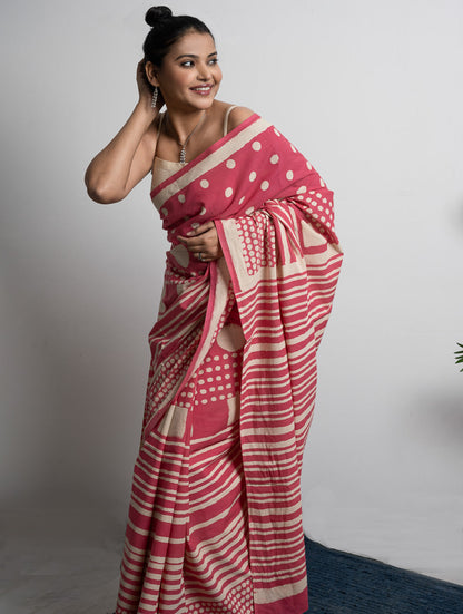 Sanganer Statements. Hand Block Printed Mul Cotton Saree - Pretty Pink