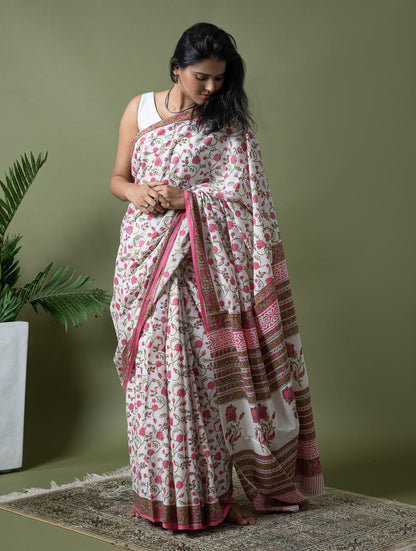 Sanganer Statements. Hand Block Printed Mul Cotton Saree - White Flora