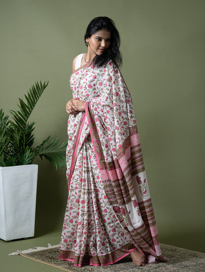 Sanganer Statements. Hand Block Printed Mul Cotton Saree - White Flora