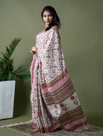 Sanganer Statements. Hand Block Printed Mul Cotton Saree - White Flora