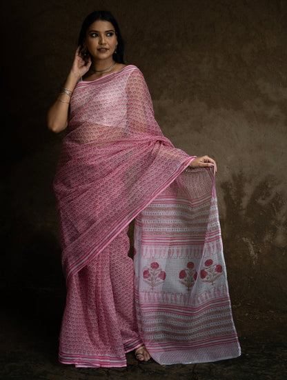 Sanganeri Hand Block Printed Kota Doria Saree - Pink Flora