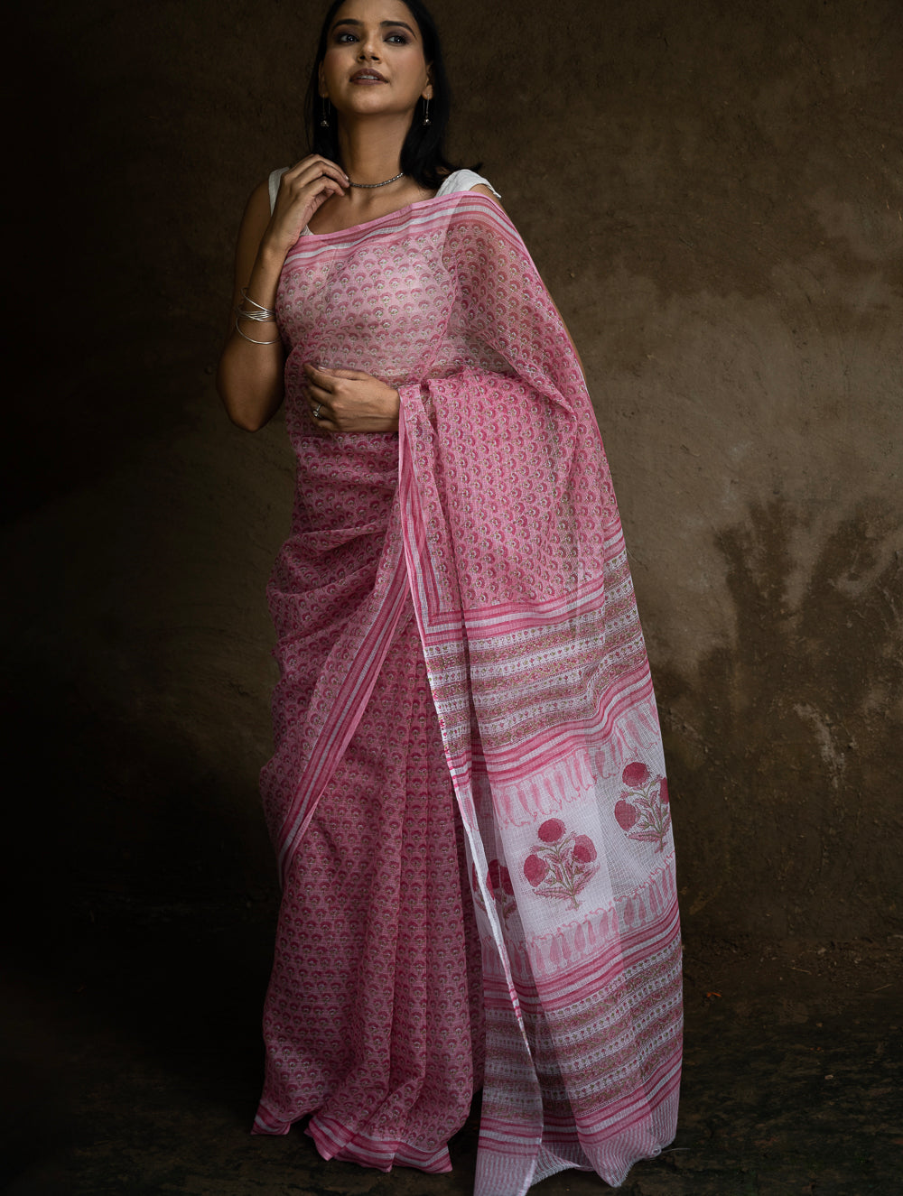 Sanganeri Hand Block Printed Kota Doria Saree - Pink Flora