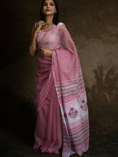 Sanganeri Hand Block Printed Kota Doria Saree - Pink Flora