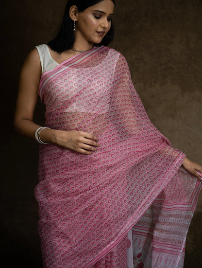 Sanganeri Hand Block Printed Kota Doria Saree - Pink Flora