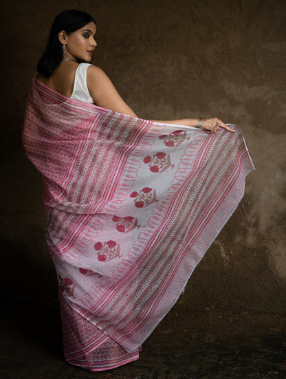 Sanganeri Hand Block Printed Kota Doria Saree - Pink Flora