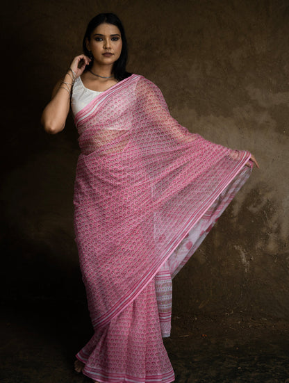 Sanganeri Hand Block Printed Kota Doria Saree - Pink Flora