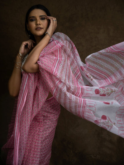 Sanganeri Hand Block Printed Kota Doria Saree - Pink Flora