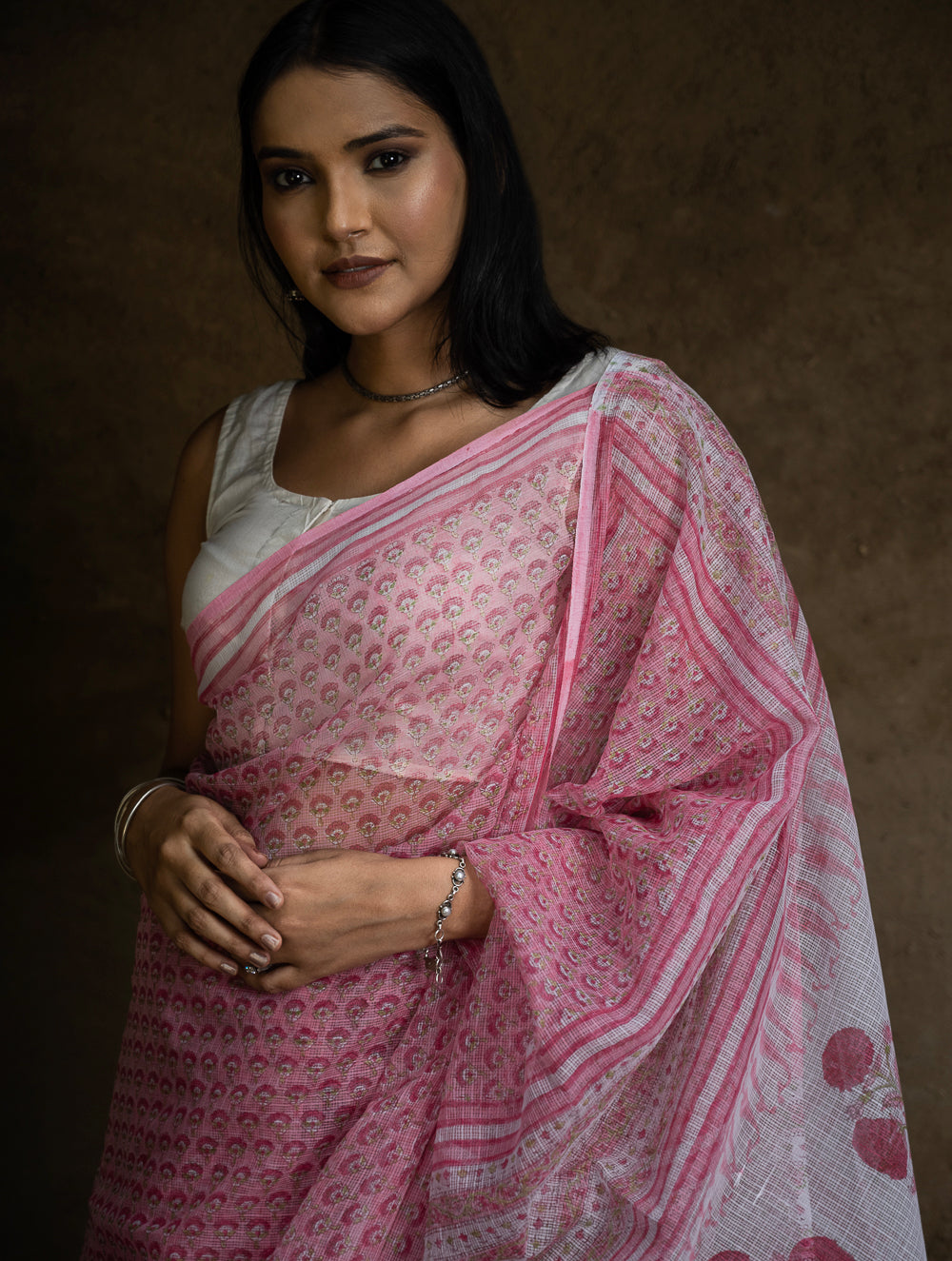 Sanganeri Hand Block Printed Kota Doria Saree - Pink Flora
