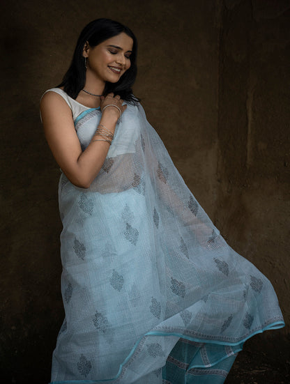 Sanganeri Hand Block Printed Kota Doria Saree - Ocean Moods