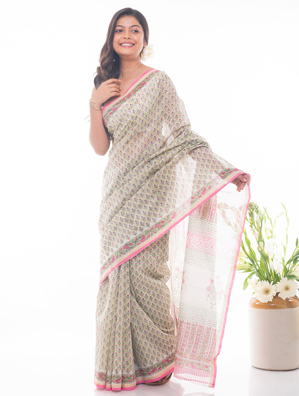 Summer Florals. Sanganeri Block Printed Chanderi Saree - Floral Green