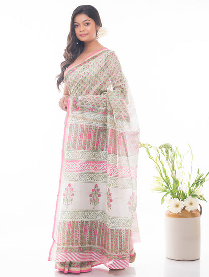 Summer Florals. Sanganeri Block Printed Chanderi Saree - Floral Green