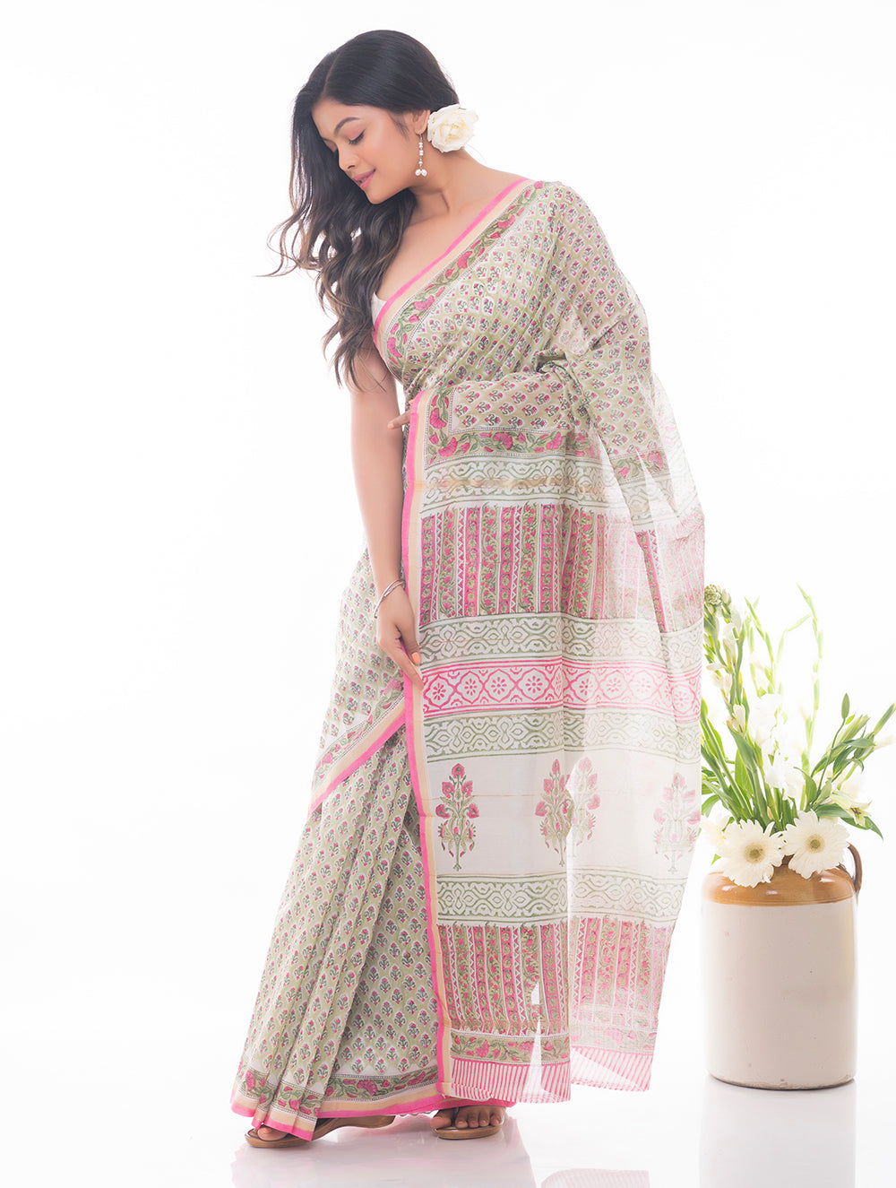 Summer Florals. Sanganeri Block Printed Chanderi Saree - Floral Green