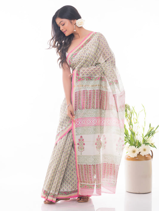 Summer Florals. Sanganeri Block Printed Chanderi Saree - Floral Green