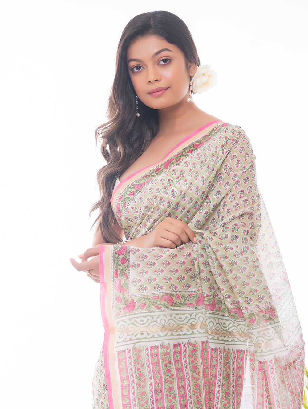 Summer Florals. Sanganeri Block Printed Chanderi Saree - Floral Green