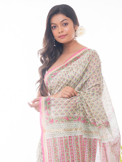 Summer Florals. Sanganeri Block Printed Chanderi Saree - Floral Green