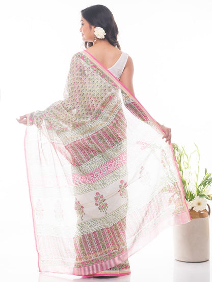 Summer Florals. Sanganeri Block Printed Chanderi Saree - Floral Green