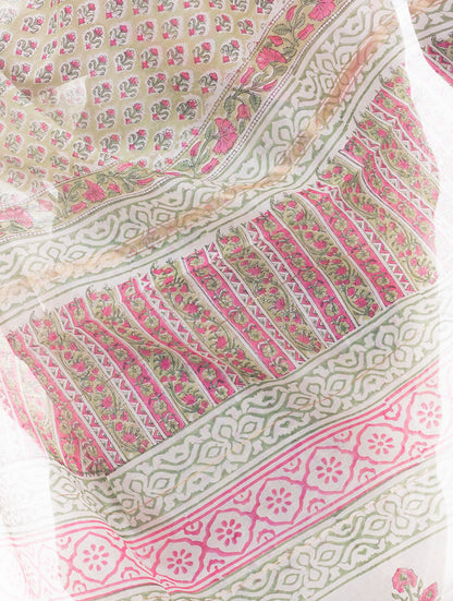 Summer Florals. Sanganeri Block Printed Chanderi Saree - Floral Green