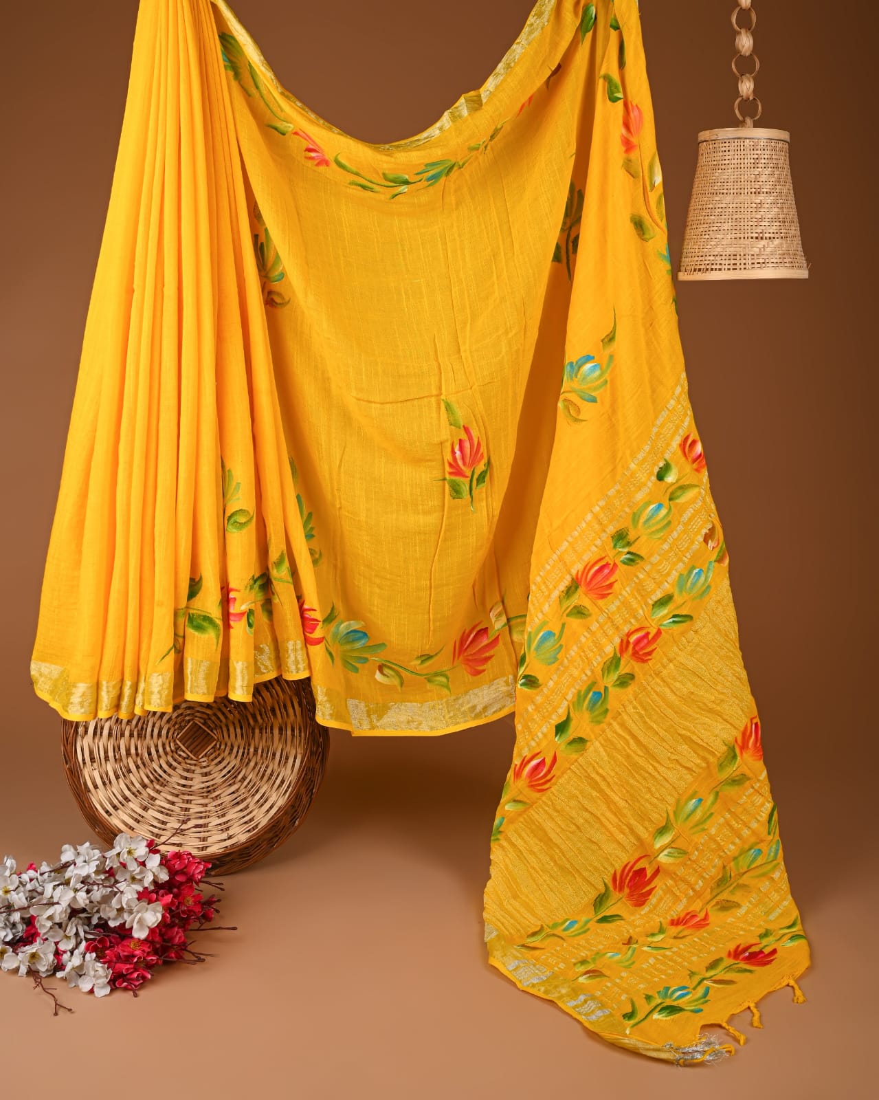 Sunshine Floral Delight Hand Block Printed Linen Saree