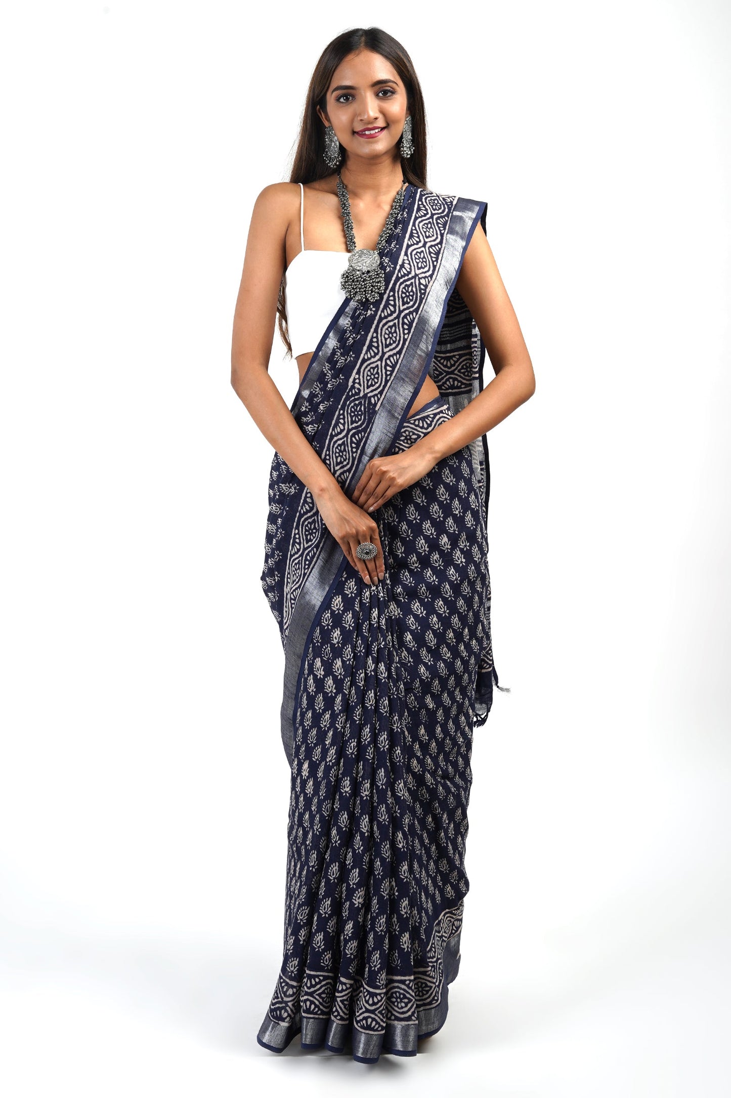 Heritage Meira Indigo Block Print Linen Saree With Blouse Piece