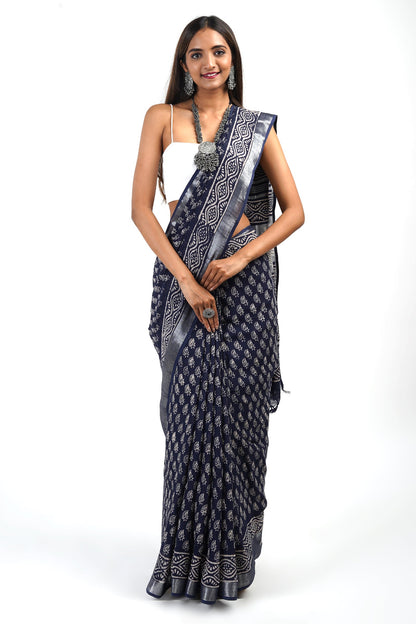 Heritage Meira Indigo Block Print Linen Saree With Blouse Piece