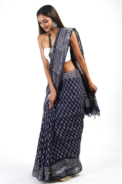 Heritage Meira Indigo Block Print Linen Saree With Blouse Piece