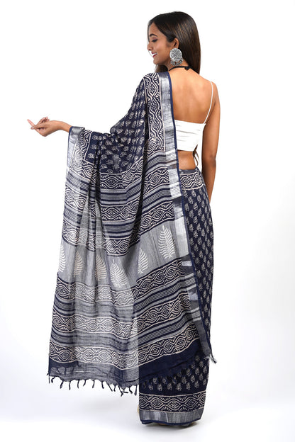 Heritage Meira Indigo Block Print Linen Saree With Blouse Piece