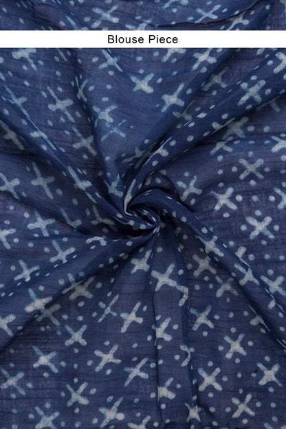 Heritage Aakash Indigo Block Print Linen Saree With Blouse Piece
