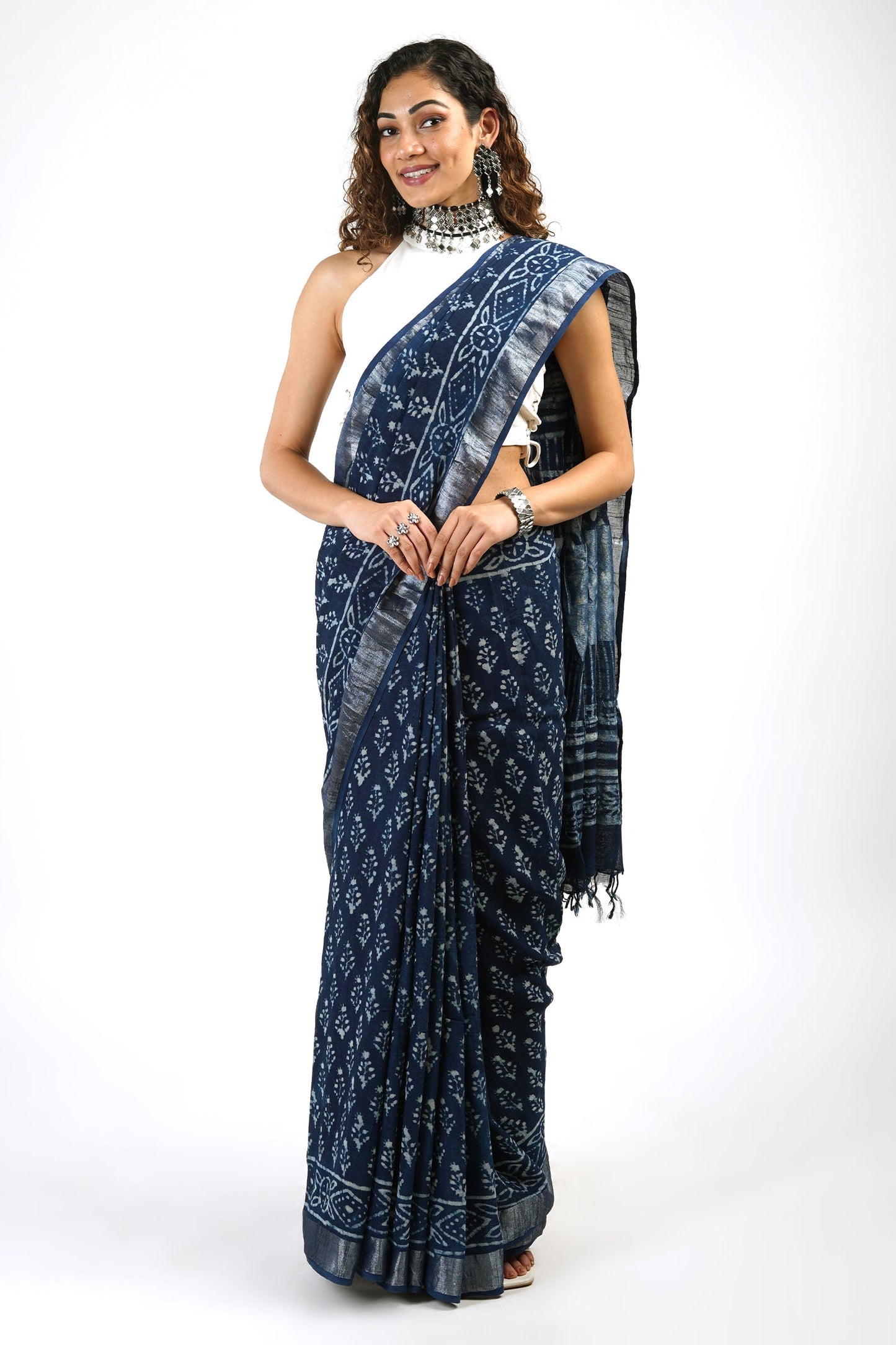 Heritage Aakash Indigo Block Print Linen Saree With Blouse Piece