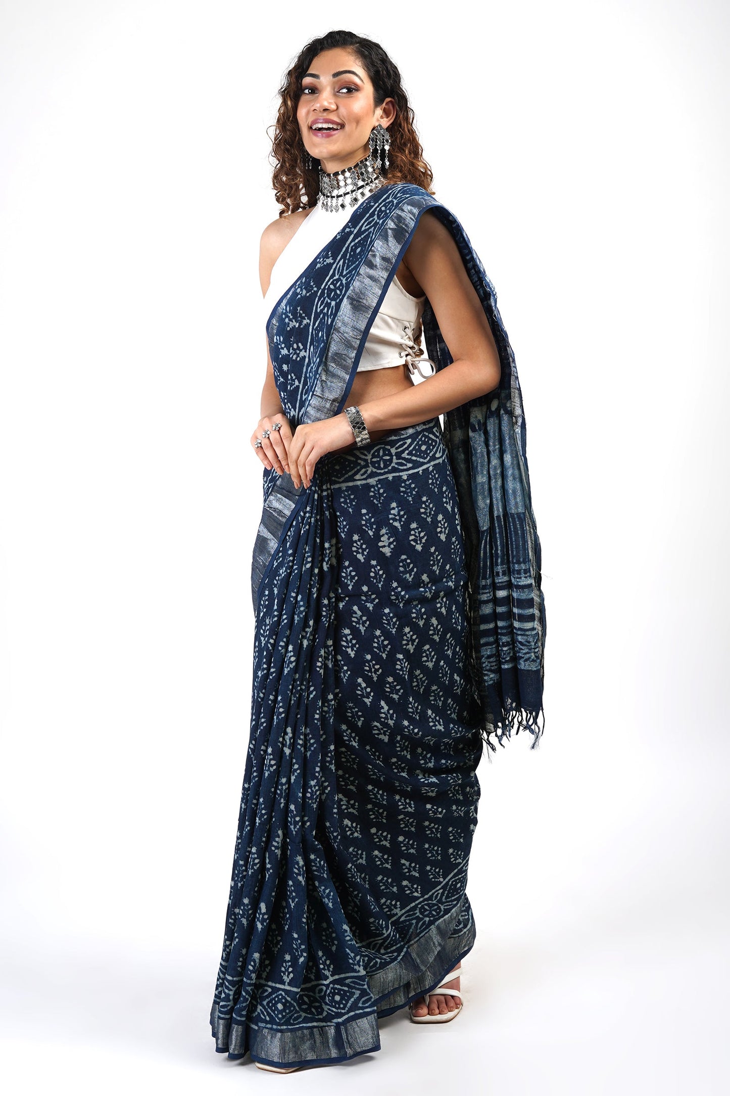Heritage Aakash Indigo Block Print Linen Saree With Blouse Piece