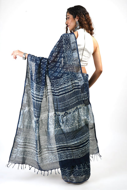 Heritage Aakash Indigo Block Print Linen Saree With Blouse Piece