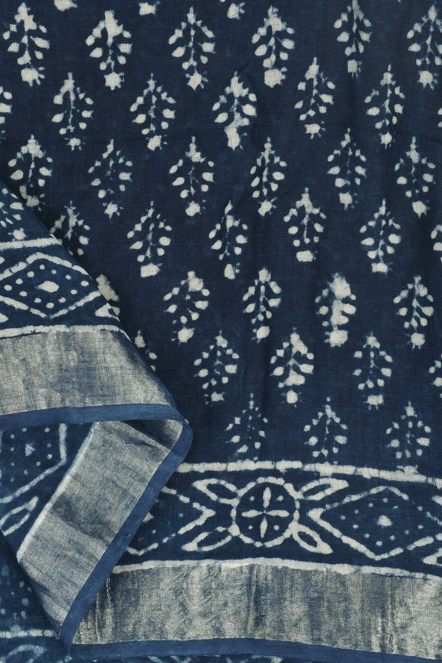 Heritage Aakash Indigo Block Print Linen Saree With Blouse Piece