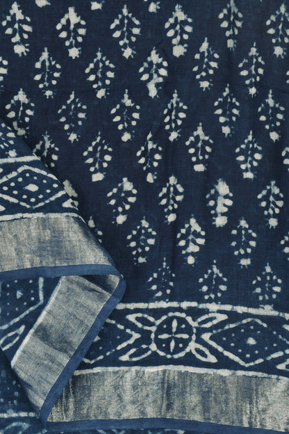 Heritage Aakash Indigo Block Print Linen Saree With Blouse Piece
