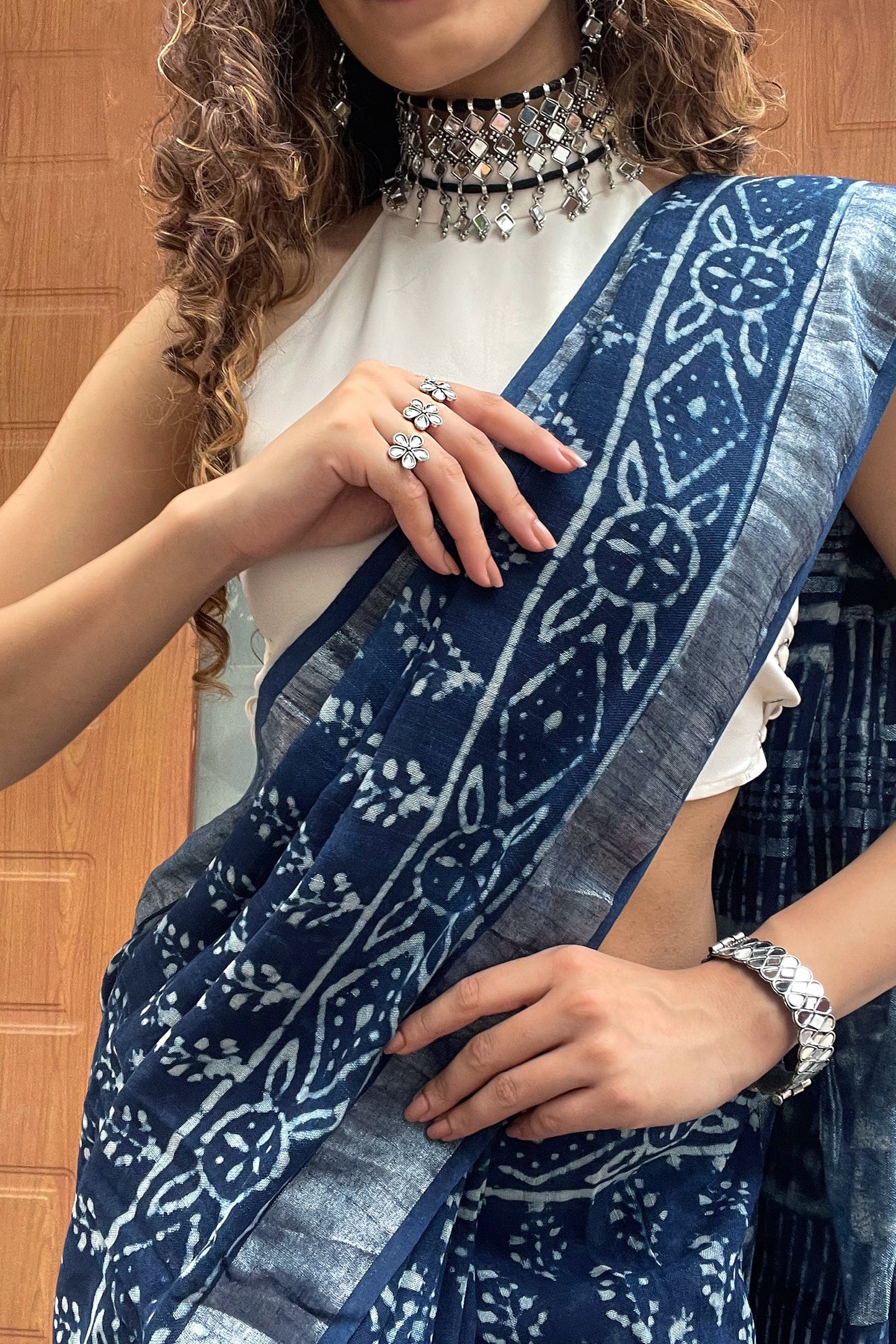 Heritage Aakash Indigo Block Print Linen Saree With Blouse Piece