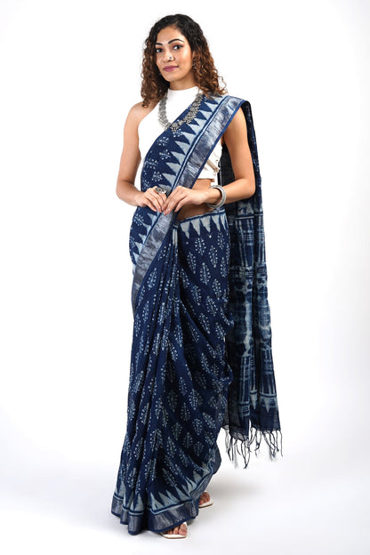 Heritage Aprajitha Indigo Block Print Linen Cotton Saree With Blouse Piece