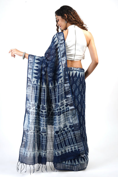 Heritage Aprajitha Indigo Block Print Linen Cotton Saree With Blouse Piece