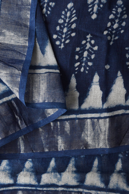 Heritage Aprajitha Indigo Block Print Linen Cotton Saree With Blouse Piece
