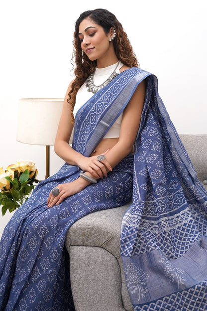 Heritage Aasmani Blue Block Print Linen Cotton Saree With Blouse Piece