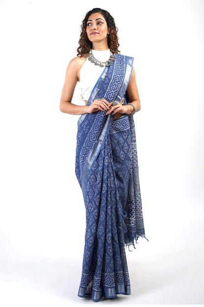 Heritage Aasmani Blue Block Print Linen Cotton Saree With Blouse Piece