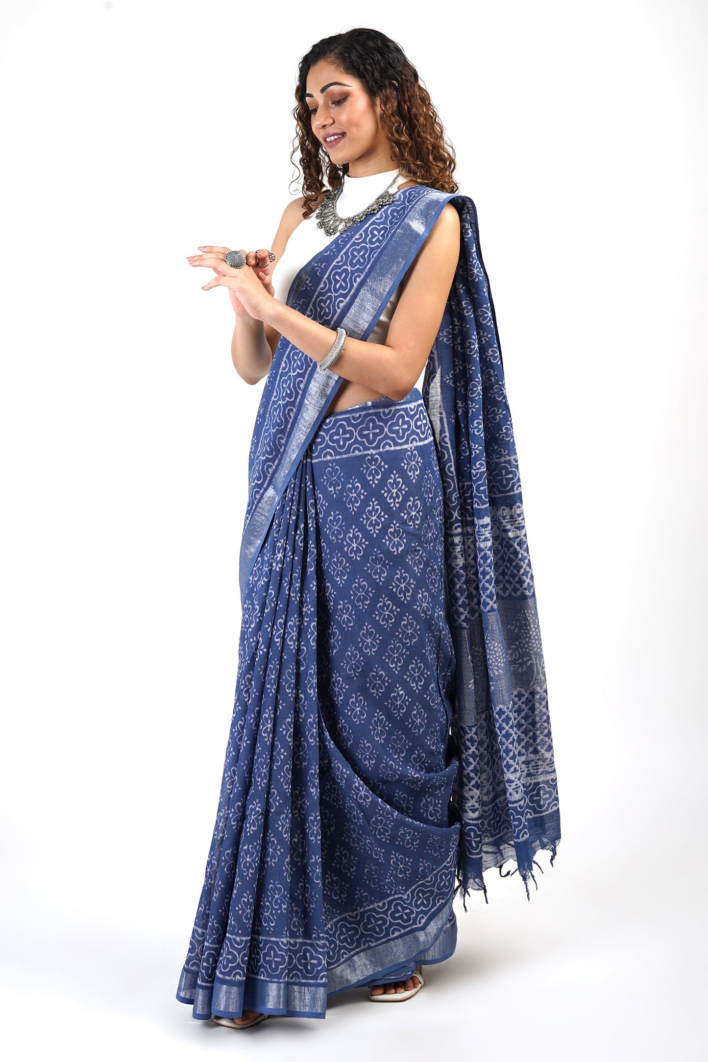 Heritage Aasmani Blue Block Print Linen Cotton Saree With Blouse Piece
